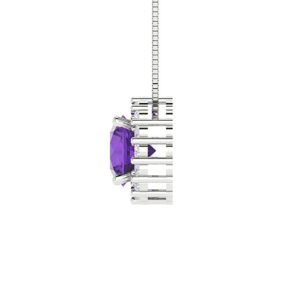 1.16 tcw Necklace Pendant - 14K White Gold Round Cut Halo Amethyst - Adjustable Length - 15in Box Chain to 18in
