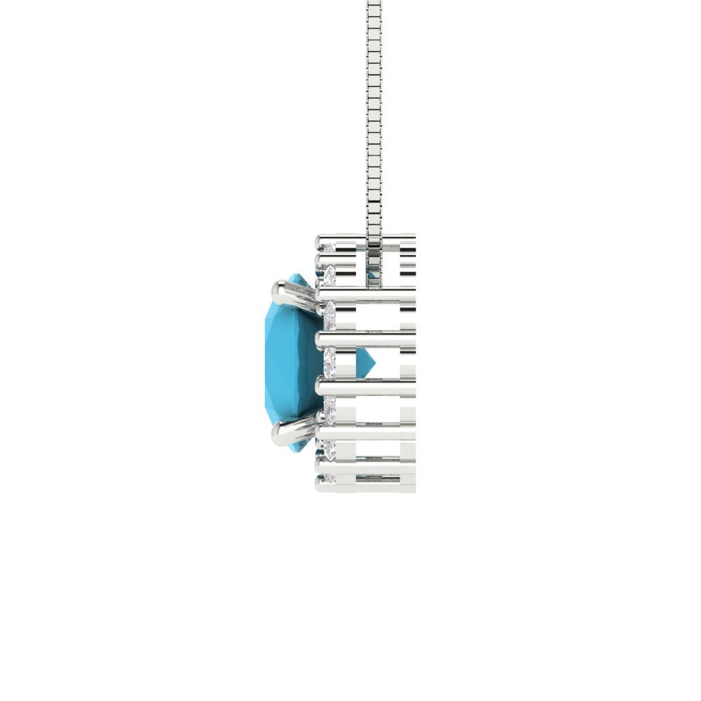 1.16 tcw Necklace Pendant - 14K White Gold Round Cut Halo Turquoise - Adjustable Length - 15in Box Chain to 18in
