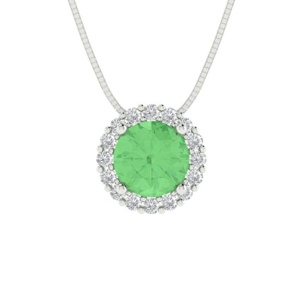 1.16 tcw Necklace Pendant - 14K White Gold Round Cut Halo Green - Adjustable Length - 15in Box Chain to 18in