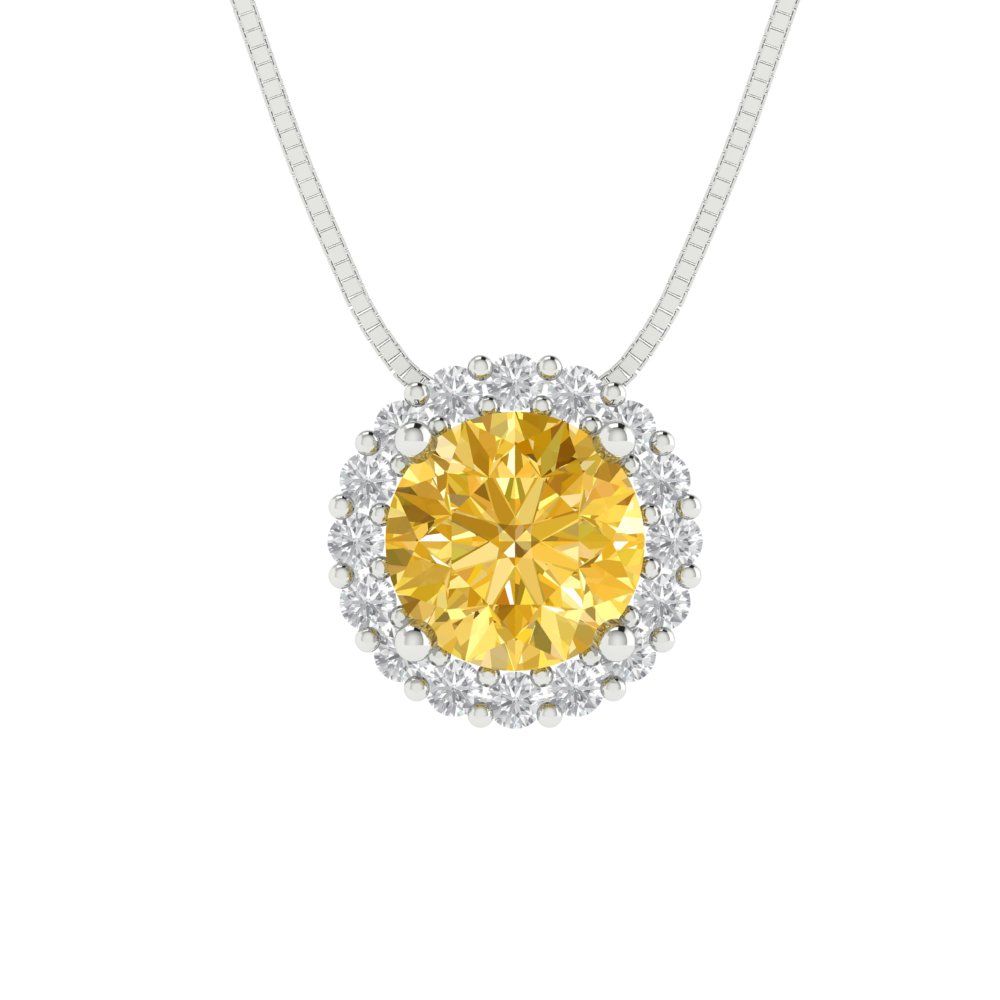 1.16 tcw Necklace Pendant - 14K White Gold Round Cut Halo Yellow - Adjustable Length - 15in Box Chain to 18in