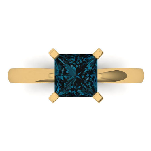 1.5 cttw Natural London Blue Topaz Solitaire  Engagement Ring - Solid Yellow Gold (VVS1, Princess Cut,6.5mm)