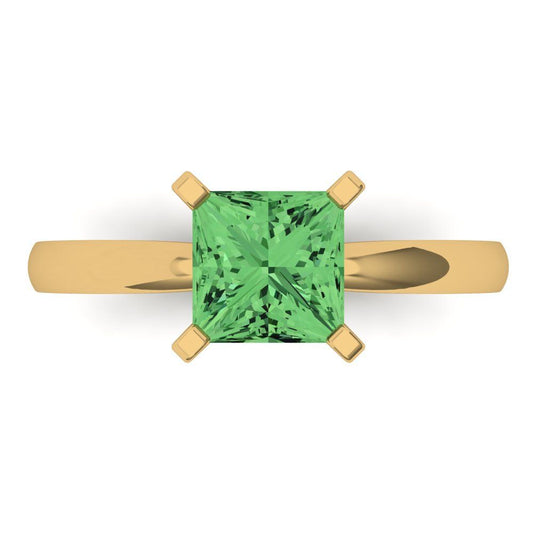 1.5 cttw Zirconia Simulated Green Diamond Solitaire  Engagement Ring - Solid Yellow Gold (VVS1, Princess Cut,6.5mm)