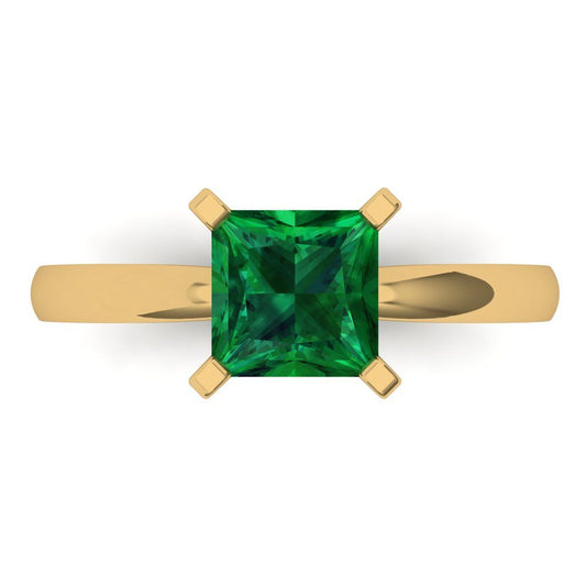 1.5 cttw Simulated Emerald Solitaire  Engagement Ring - Solid Yellow Gold (VVS1, Princess Cut,6.5mm)