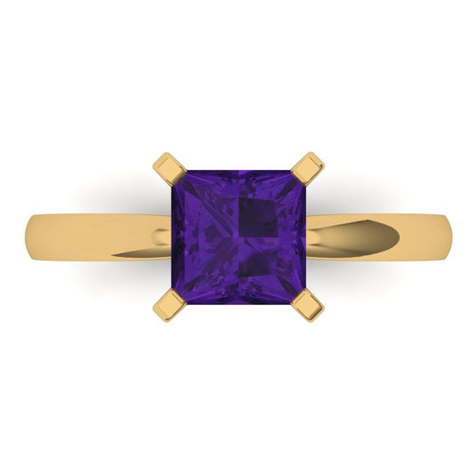 1.5 cttw Natural Amethyst Solitaire  Engagement Ring - Solid Yellow Gold (VVS1, Princess Cut,6.5mm)