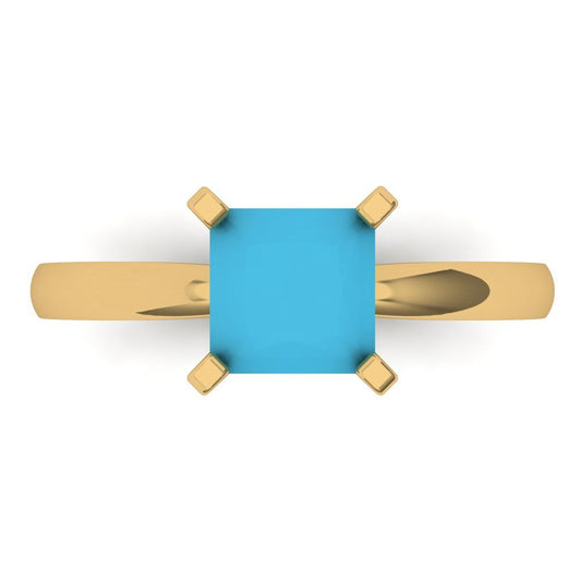 1.5 cttw Simulated Turquoise Solitaire  Engagement Ring - Solid Yellow Gold (VVS1, Princess Cut,6.5mm)