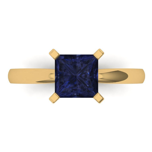 1.5 cttw Simulated Blue Sapphire Solitaire  Engagement Ring - Solid Yellow Gold (VVS1, Princess Cut,6.5mm)