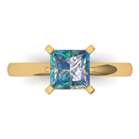 1.5 cttw Blue Moissanite Solitaire  Engagement Ring - Solid Yellow Gold (VVS1, Princess Cut,6.5mm)