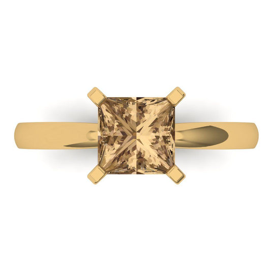 1.5 cttw Zirconia Simulated Champagne Diamond Solitaire  Engagement Ring - Solid Yellow Gold (VVS1, Princess Cut,6.5mm)
