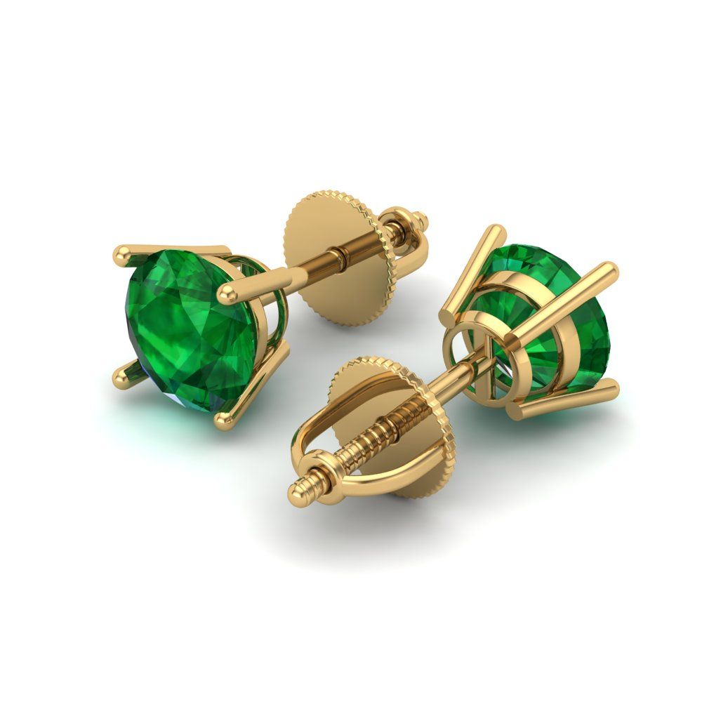 1 ctw Emerald Studs Earrings | 5.0mm Round Cut White Gold Screw back | May Birthstone