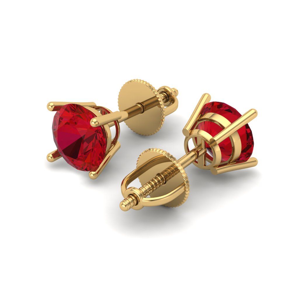 1 ctw Ruby Studs Earrings | 5.0mm Round Cut White Gold Screw back | July Birthstone