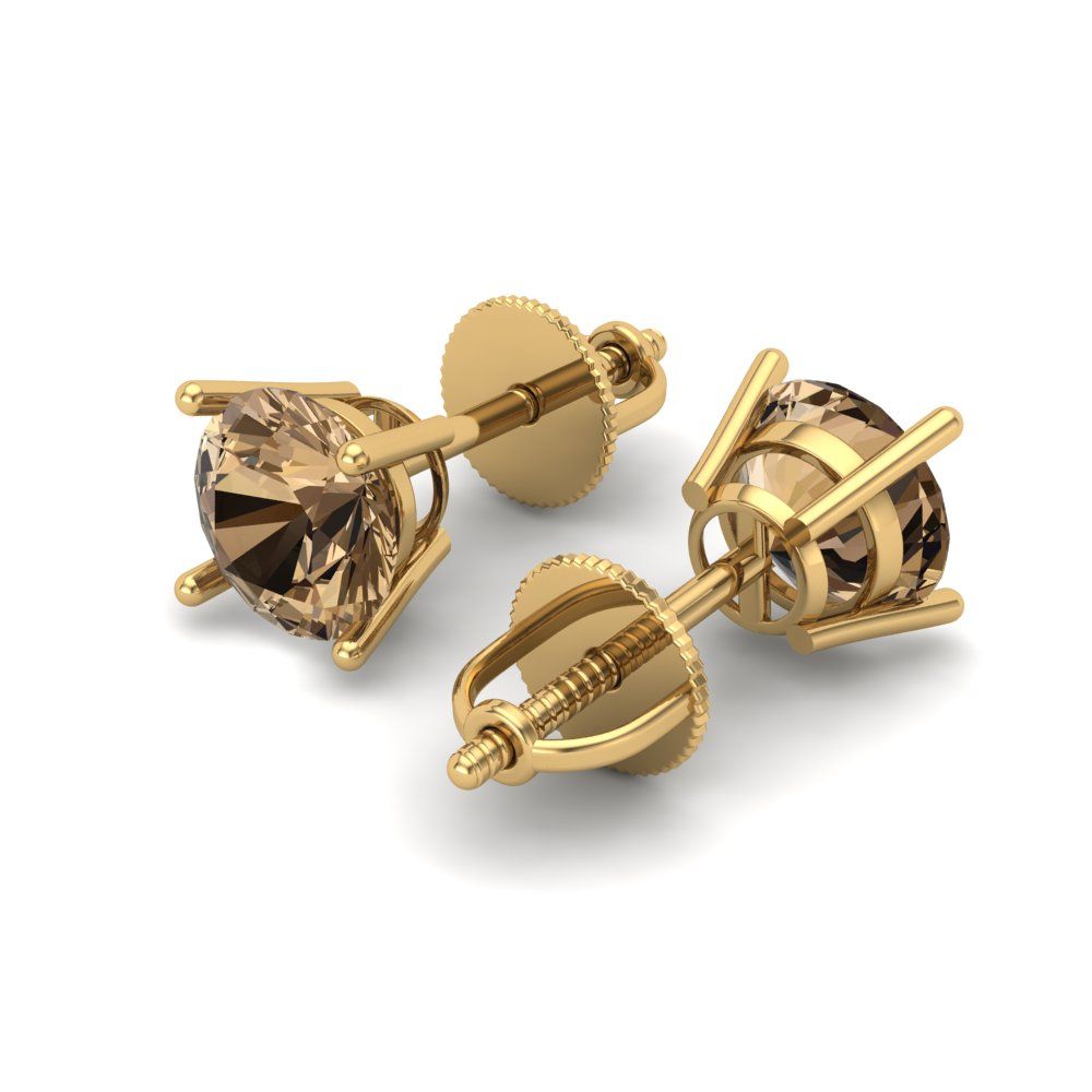 1 ctw Champagne Studs Earrings | 5.0mm Round Cut White Gold Screw back | April Birthstone