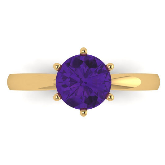 1.5 cttw Natural Amethyst Solitaire  Engagement Ring - Solid Yellow Gold (VVS1, Round Cut,7.5mm)