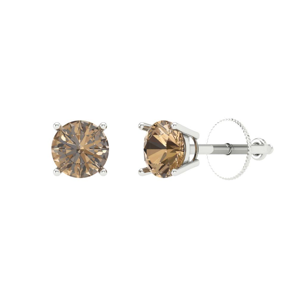 0.2 ctw Champagne Studs Earrings | 3.0mm Round Cut White Gold Screw back | April Birthstone