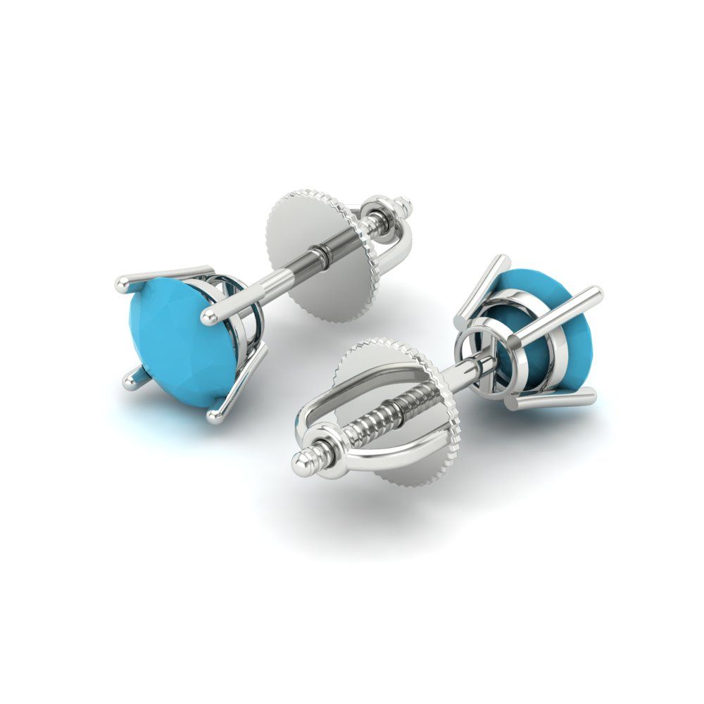 0.2 ctw Turquoise Studs Earrings | 3.0mm Round Cut White Gold Screw back | December Birthstone