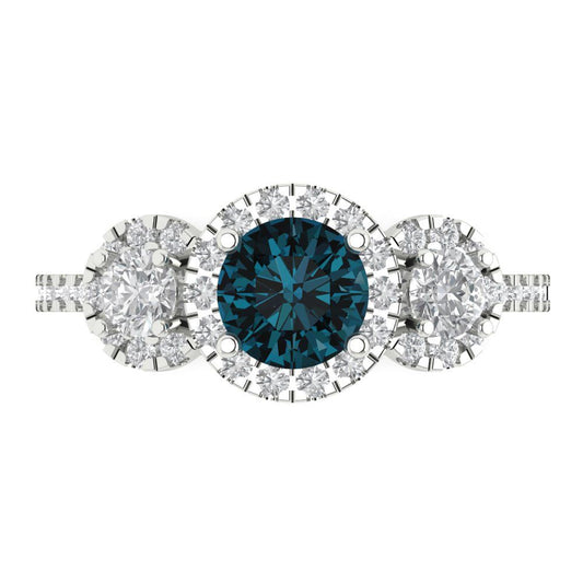 1.46 cttw Natural London Blue Topaz Three-Stone Engagement Ring - Solid White Gold (VVS1, Round Cut,6.0mm)