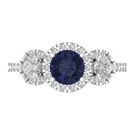 1.46 cttw Simulated Blue Sapphire Three-Stone Engagement Ring - Solid White Gold (VVS1, Round Cut,6.0mm)