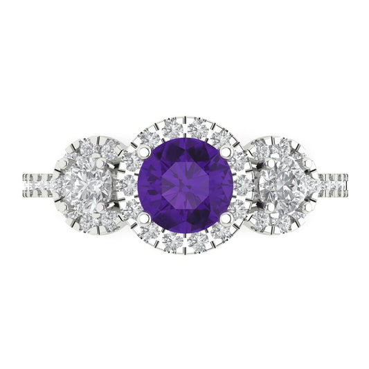1.46 cttw Natural Amethyst Three-Stone Engagement Ring - Solid White Gold (VVS1, Round Cut,6.0mm)