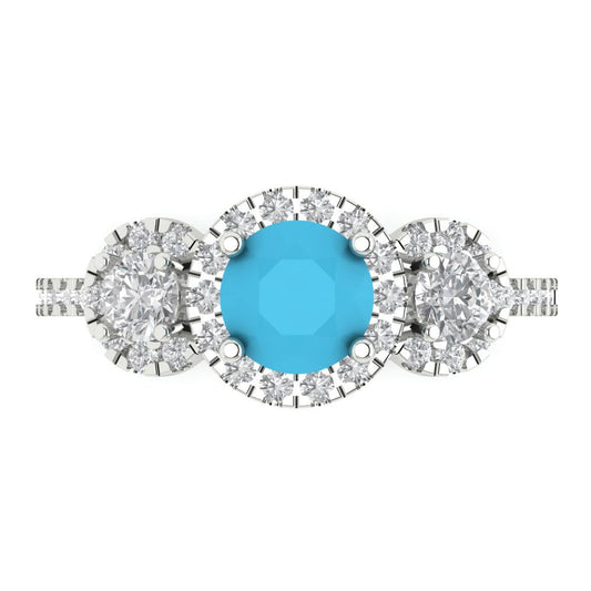 1.46 cttw Simulated Turquoise Three-Stone Engagement Ring - Solid White Gold (VVS1, Round Cut,6.0mm)