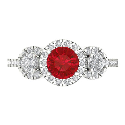 1.46 cttw Simulated Ruby Three-Stone Engagement Ring - Solid White Gold (VVS1, Round Cut,6.0mm)
