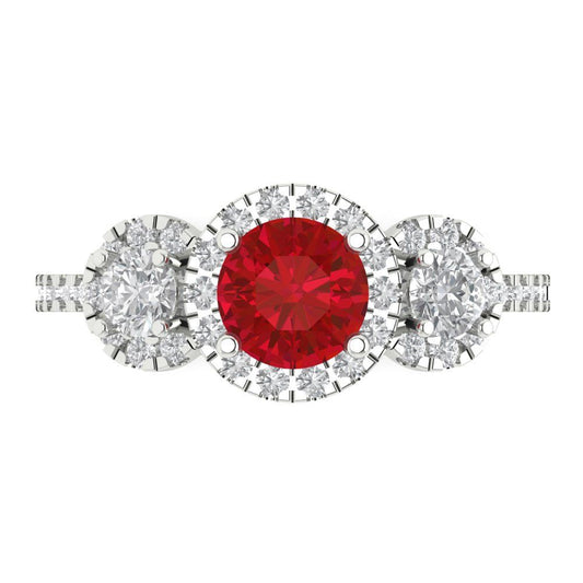1.46 cttw Simulated Ruby Three-Stone Engagement Ring - Solid White Gold (VVS1, Round Cut,6.0mm)