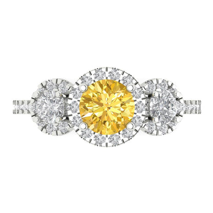 1.46 cttw Zirconia Simulated Yellow Diamond Three-Stone Engagement Ring - Solid Gold (VVS1, Round Cut,6.0mm)