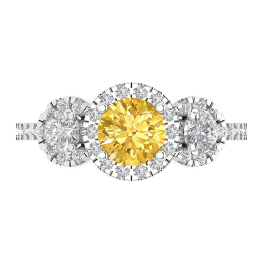 1.46 cttw Zirconia Simulated Yellow Diamond Three-Stone Engagement Ring - Solid White Gold (VVS1, Round Cut,6.0mm)