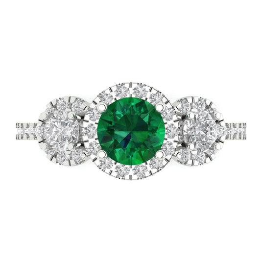 1.46 cttw Simulated Emerald Three-Stone Engagement Ring - Solid White Gold (VVS1, Round Cut,6.0mm)