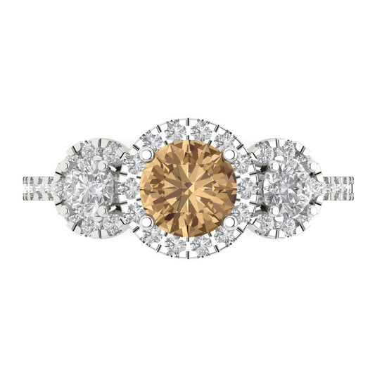 1.46 cttw Zirconia Simulated Champagne Diamond Three-Stone Engagement Ring - Solid White Gold (VVS1, Round Cut,6.0mm)
