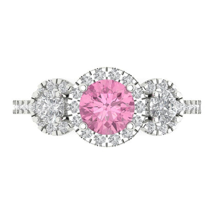 1.46 cttw Zirconia Simulated Pink Diamond Three-Stone Engagement Ring - Solid Gold (VVS1, Round Cut,6.0mm)