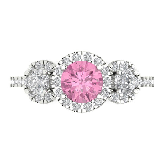 1.46 cttw Zirconia Simulated Pink Diamond Three-Stone Engagement Ring - Solid White Gold (VVS1, Round Cut,6.0mm)