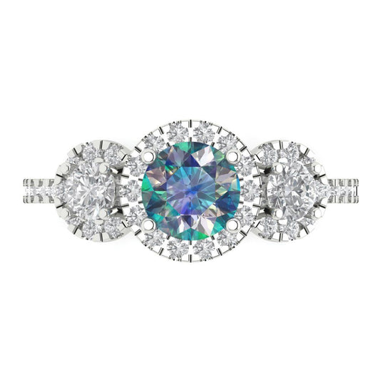 1.46 cttw Blue Moissanite Three-Stone Engagement Ring - Solid White Gold (VVS1, Round Cut,6.0mm)
