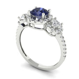 1.79 ct Brilliant Round Cut Simulated Blue Sapphire Stone White Gold Halo Three-Stone Ring