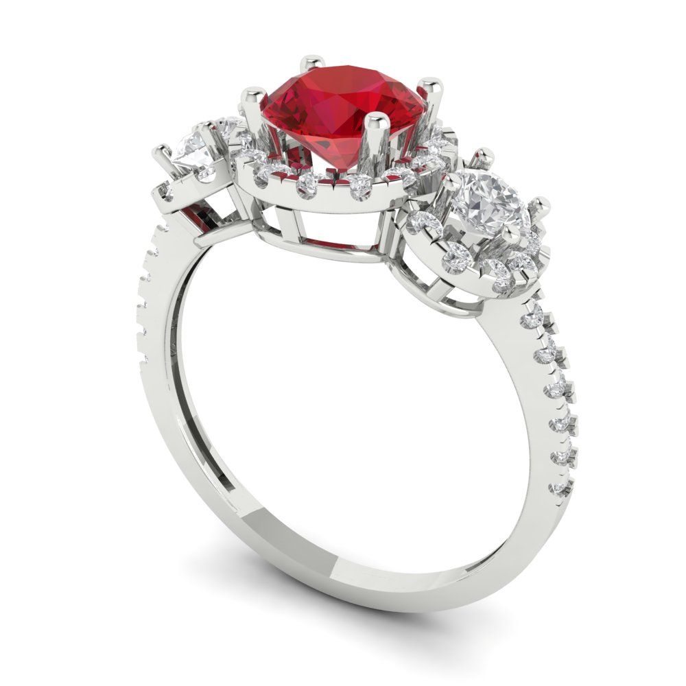 1.46 cttw Simulated Ruby Three-Stone Engagement Ring - Solid White Gold (VVS1, Round Cut,6.0mm)
