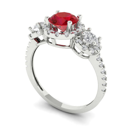 1.46 cttw Simulated Ruby Three-Stone Engagement Ring - Solid White Gold (VVS1, Round Cut,6.0mm)