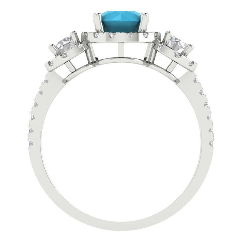 1.79 ct Brilliant Round Cut Simulated Turquoise Stone White Gold Halo Three-Stone Ring