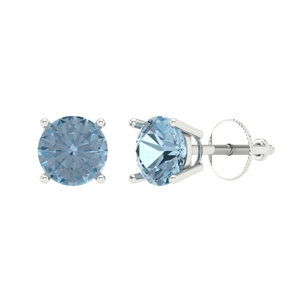 1.5 ctw Aquamarine Studs Earrings | 6mm Round Cut White Gold Screw back | March Birthstone