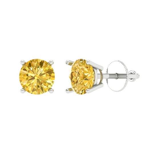1.5 ctw Yellow Zirconia Studs Earrings | 6mm Round Cut White Gold Screw back | April Birthstone