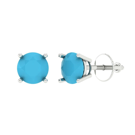 1.5 ctw Turquoise Studs Earrings | 6mm Round Cut White Gold Screw back | December Birthstone