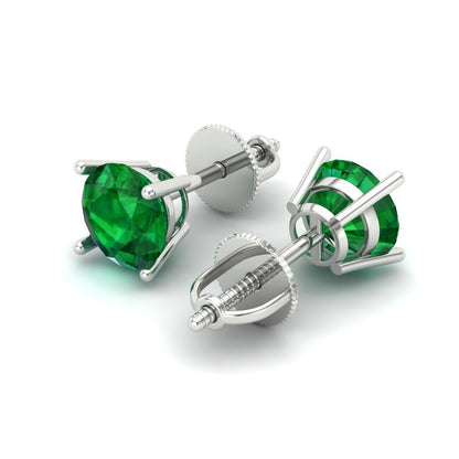 1.5 ctw Emerald Studs Earrings | 6mm Round Cut White Gold Screw back | May Birthstone