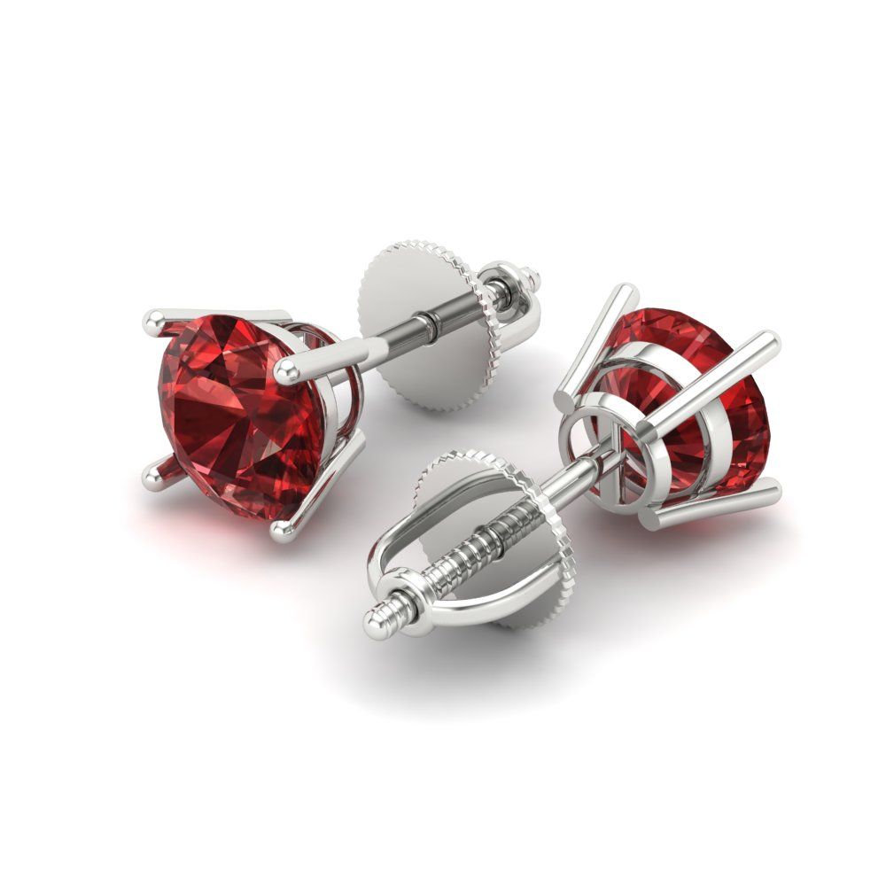 1.5 ctw Garnet Studs Earrings | 6mm Round Cut White Gold Screw back | January Birthstone