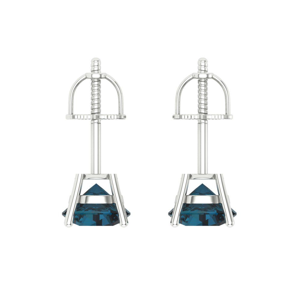 1.5 ctw London Blue Topaz Studs Earrings | 6mm Round Cut White Gold Screw back | December Birthstone