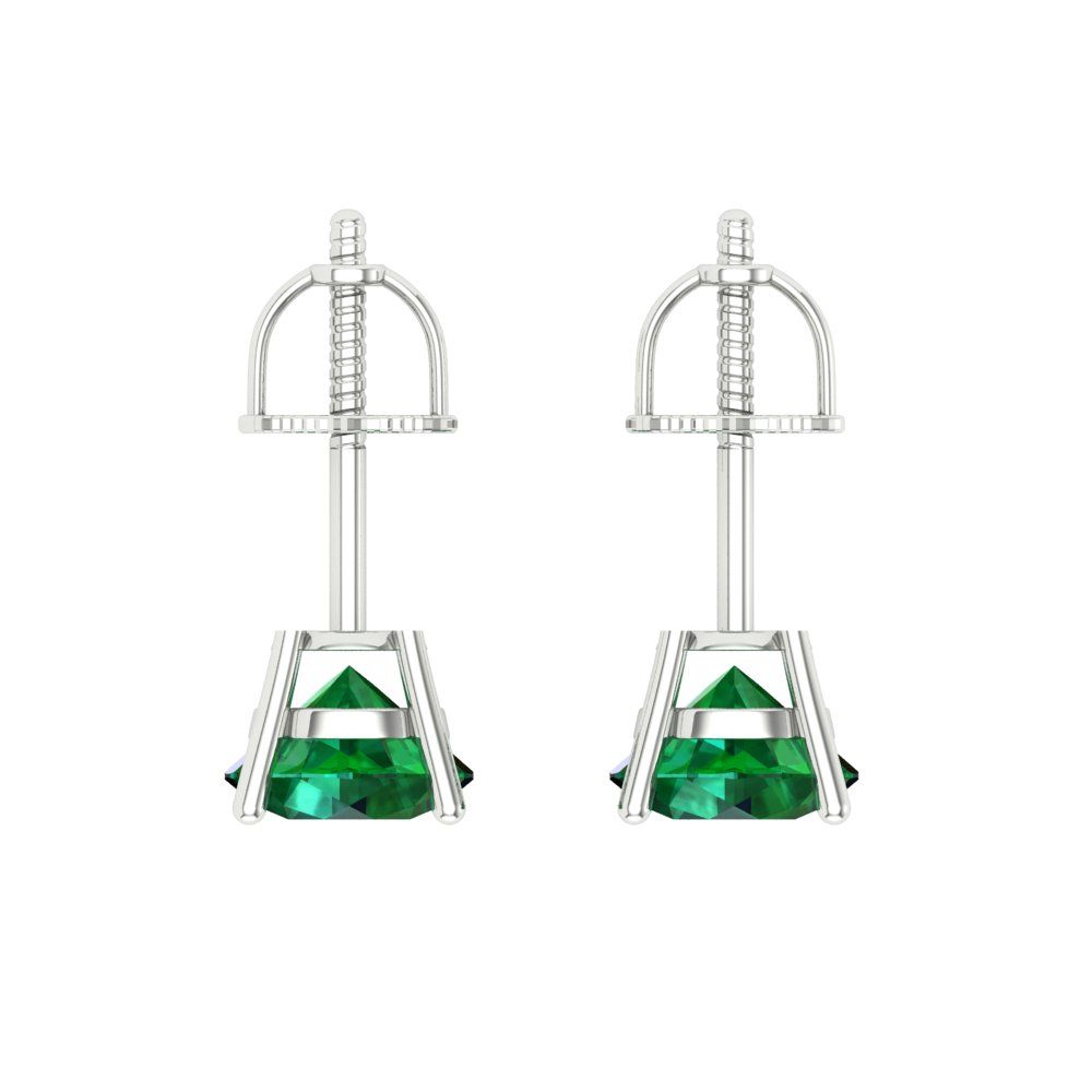 1.5 ctw Emerald Studs Earrings | 6mm Round Cut White Gold Screw back | May Birthstone
