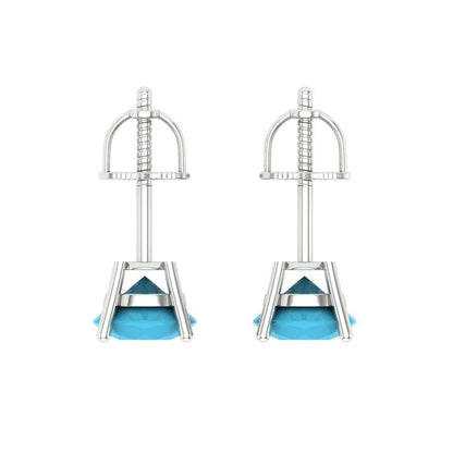 1.5 ctw Turquoise Studs Earrings | 6mm Round Cut White Gold Screw back | December Birthstone