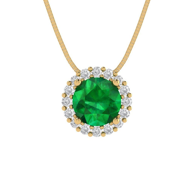 1.24 ct Brilliant Round Cut Halo Simulated Emerald Stone Yellow Gold Pendant with 16" Chain