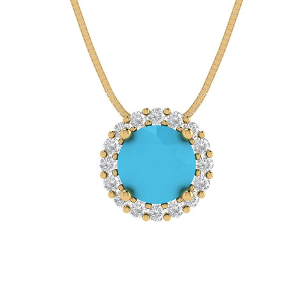 1.24 ct Brilliant Round Cut Halo Simulated Turquoise Stone Yellow Gold Pendant with 16" Chain