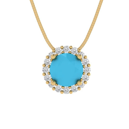 1.16 tcw Necklace Pendant - 14K White Gold Round Cut Halo Turquoise - Adjustable Length - 15in Box Chain to 18in