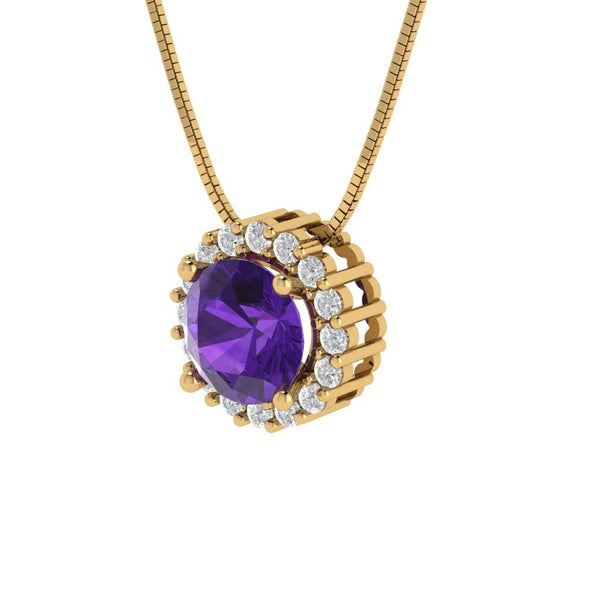1.24 ct Brilliant Round Cut Halo Natural Amethyst Stone Yellow Gold Pendant with 16" Chain
