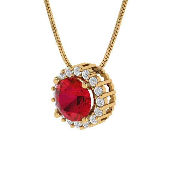 1.24 ct Brilliant Round Cut Halo Simulated Pink Tourmaline Stone Yellow Gold Pendant with 16" Chain