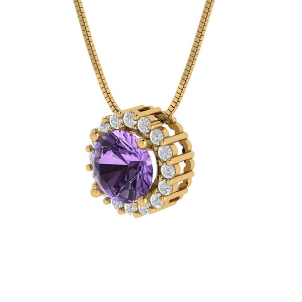 1.24 ct Brilliant Round Cut Halo Simulated Alexandrite Stone Yellow Gold Pendant with 16" Chain