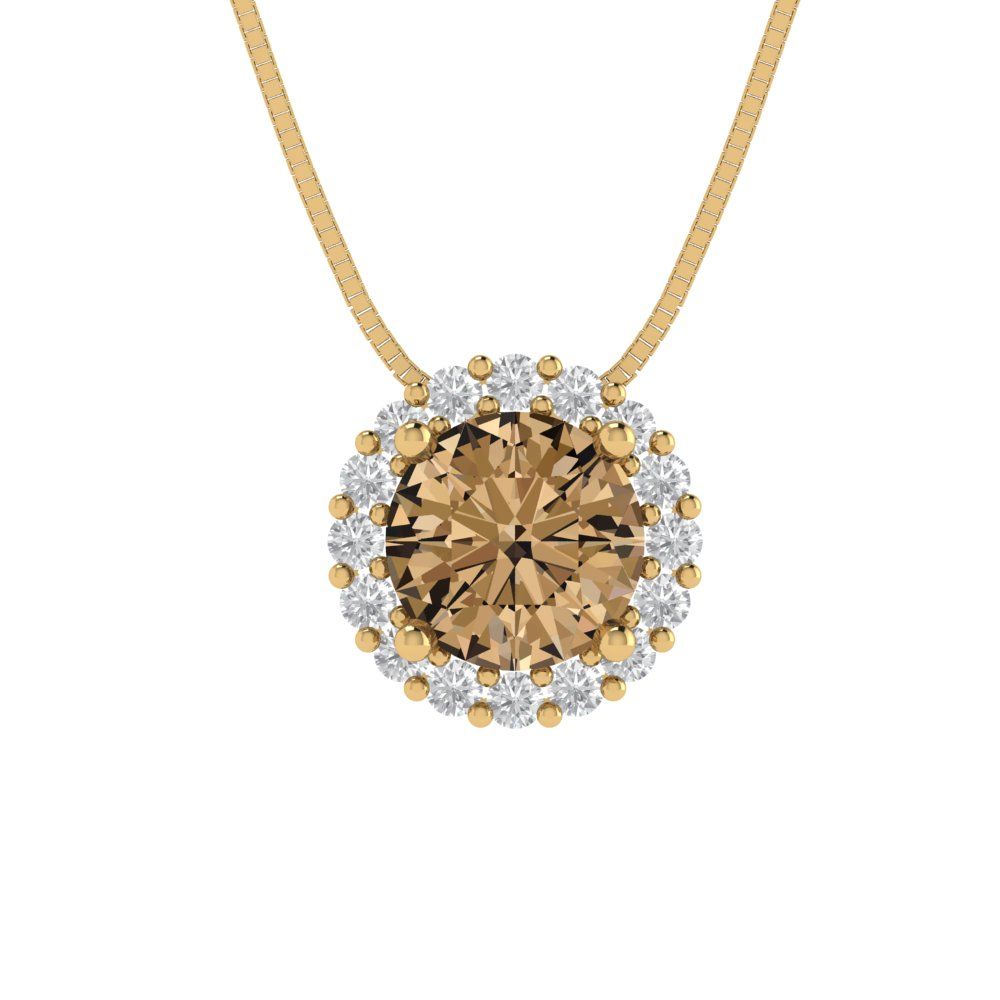 1.16cttw Round Cut Champagne Gold-Plated 925 Silver Pendant and 16" Box-Chain Necklace